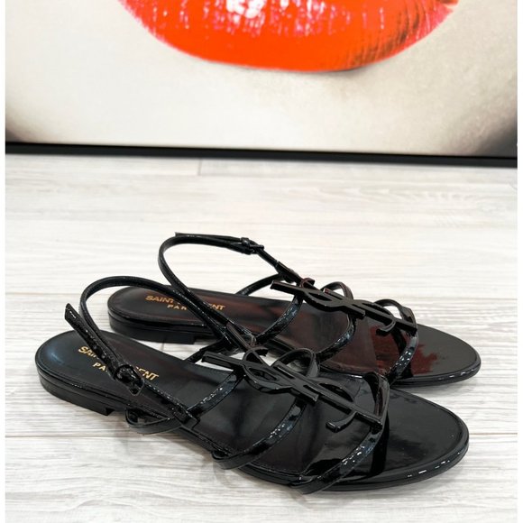 SAINT LAURENT Cassandre YSL Logo Flat Patent Leather Sandals - Picture 10 of 10